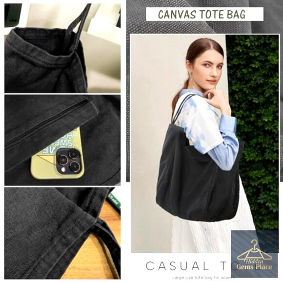 Large Canvas Hobo Tote Bag for Work Travel Casual Shoulder Purse - Picture 6 of 7